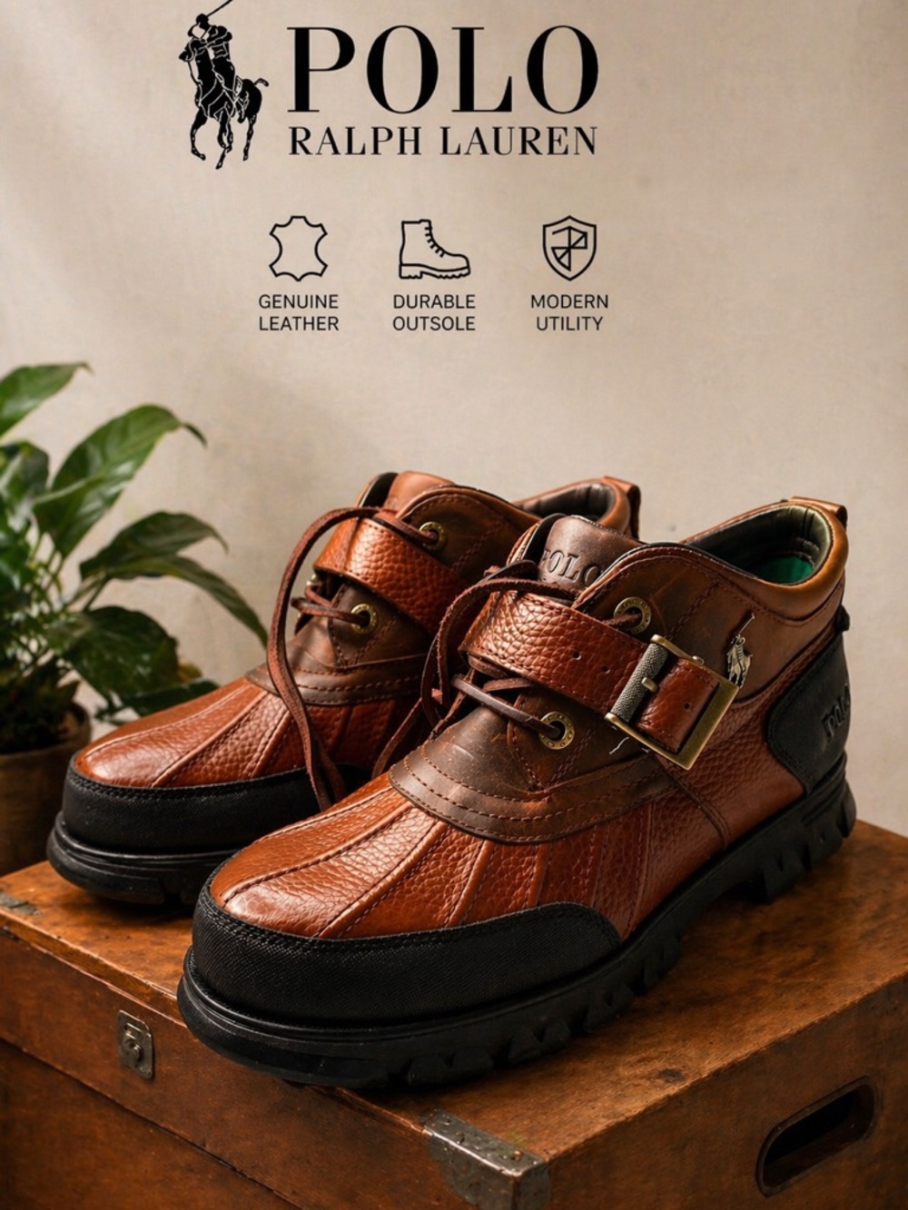 Polo Ralph Lauren Brown Leather Buckle Boots Lug Sole Casual Shoes